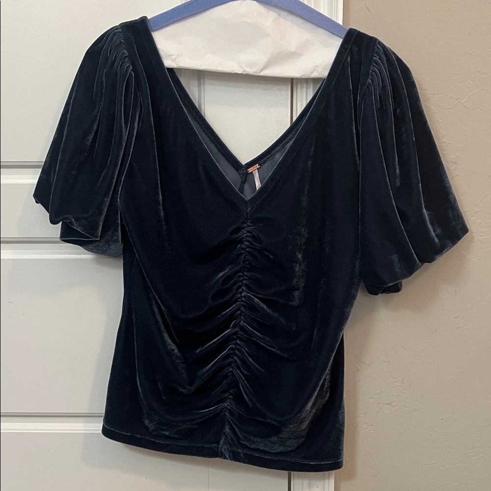 Free People Midnight Blue Ruched Velvet Top - Picture 2 of 8
